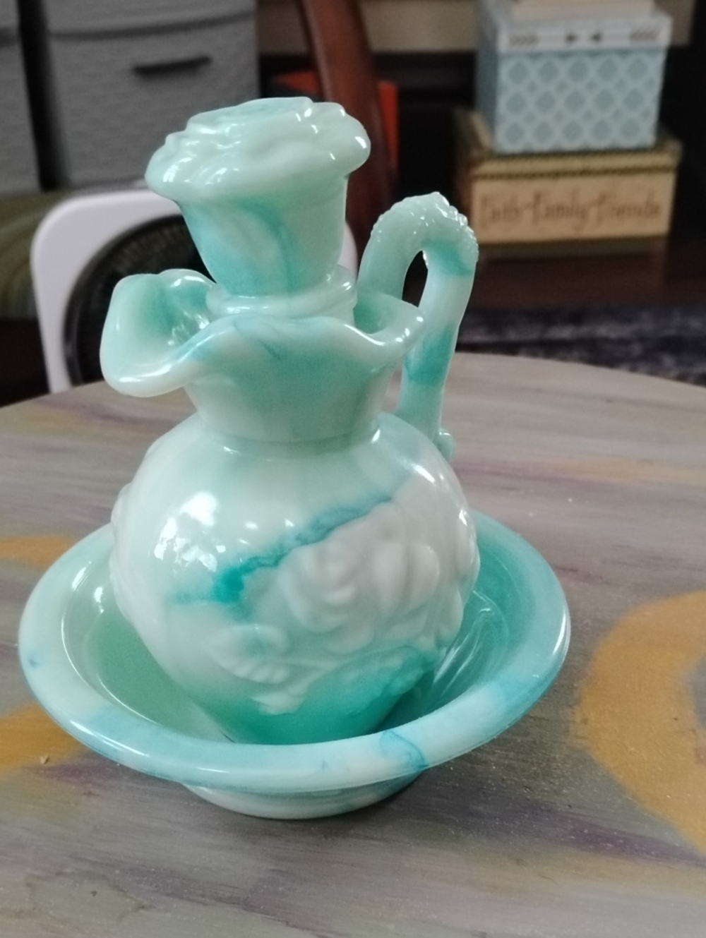 Avon Aqua and White Ceramic Pitcher with Basin